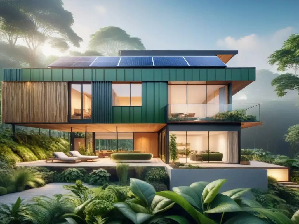 Un edificio sostenible rodeado de vegetación, con paneles solares y sistema de recolección de agua