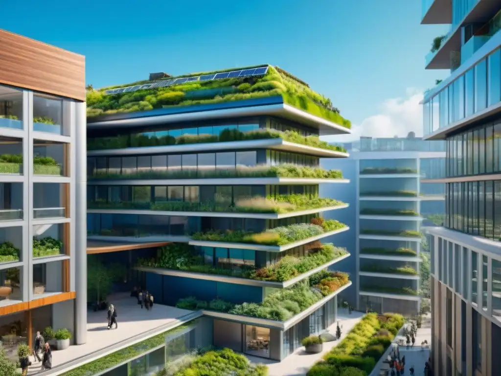 Un edificio sostenible con techo verde, paneles solares y jardín vertical, en una ciudad eco