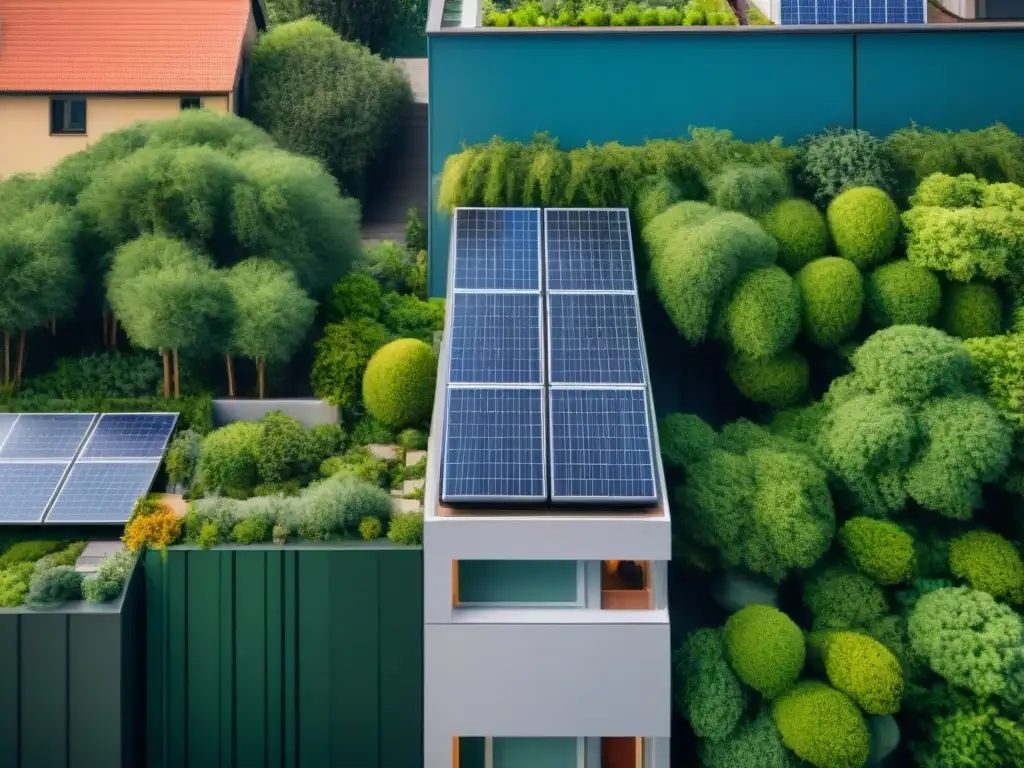 Edificio sostenible en ubicación estratégica, con paneles solares, vegetación y ciudad vibrante al fondo