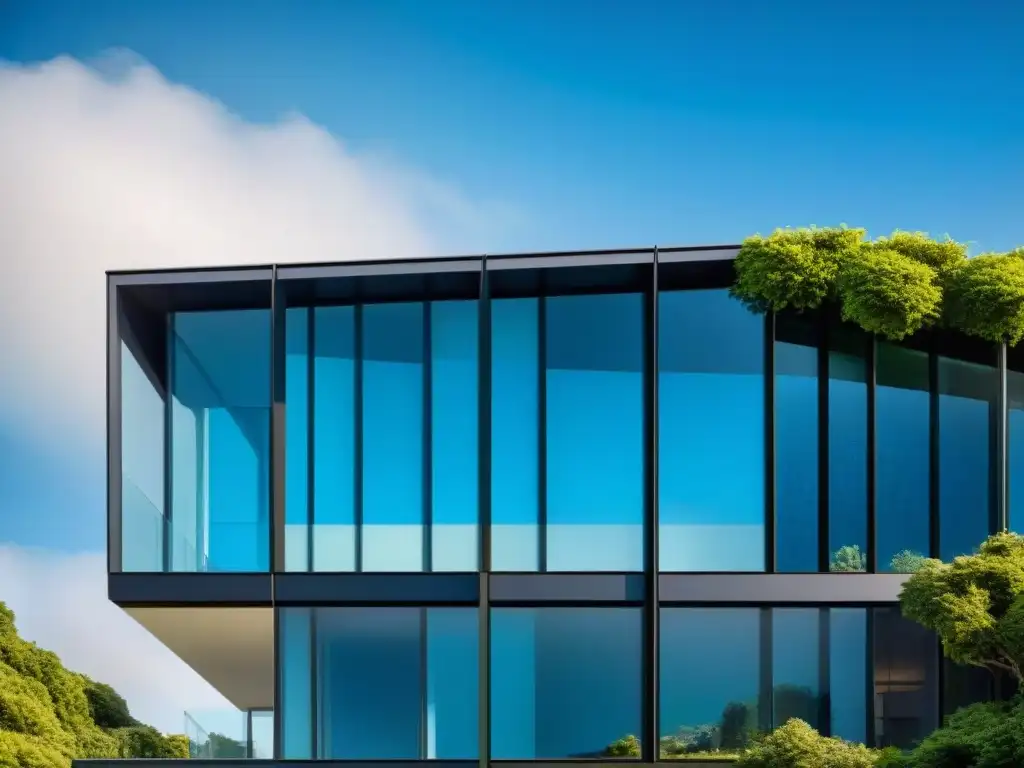 Edificio sostenible con vidrios inteligentes ajustando su tono para eficiencia energética, integrando naturaleza y tecnología