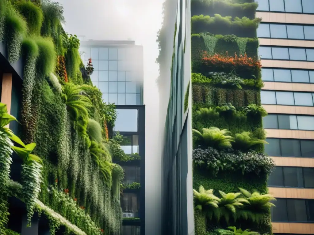 Un edificio urbano alto cubierto de exuberantes huertos verticales, creando un ambiente natural en la ciudad