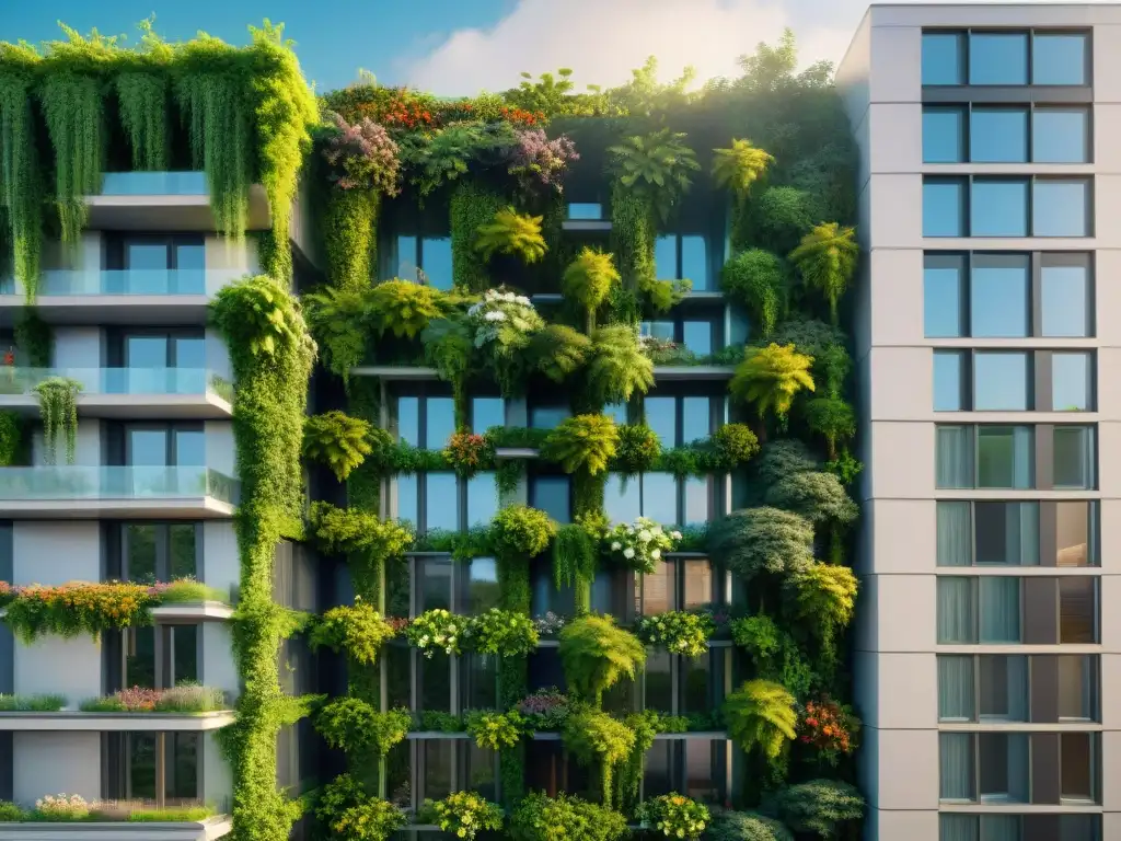 Un edificio urbano cubierto de exuberante vegetación y flores, mostrando jardinería vertical sostenible en interiores