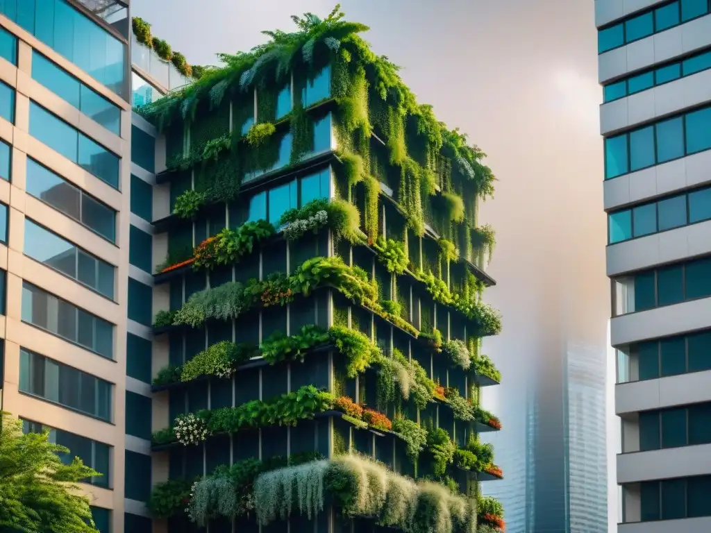 Un edificio urbano multiescala cubierto de exuberante vegetación, con jardines en la azotea y paredes verdes verticales