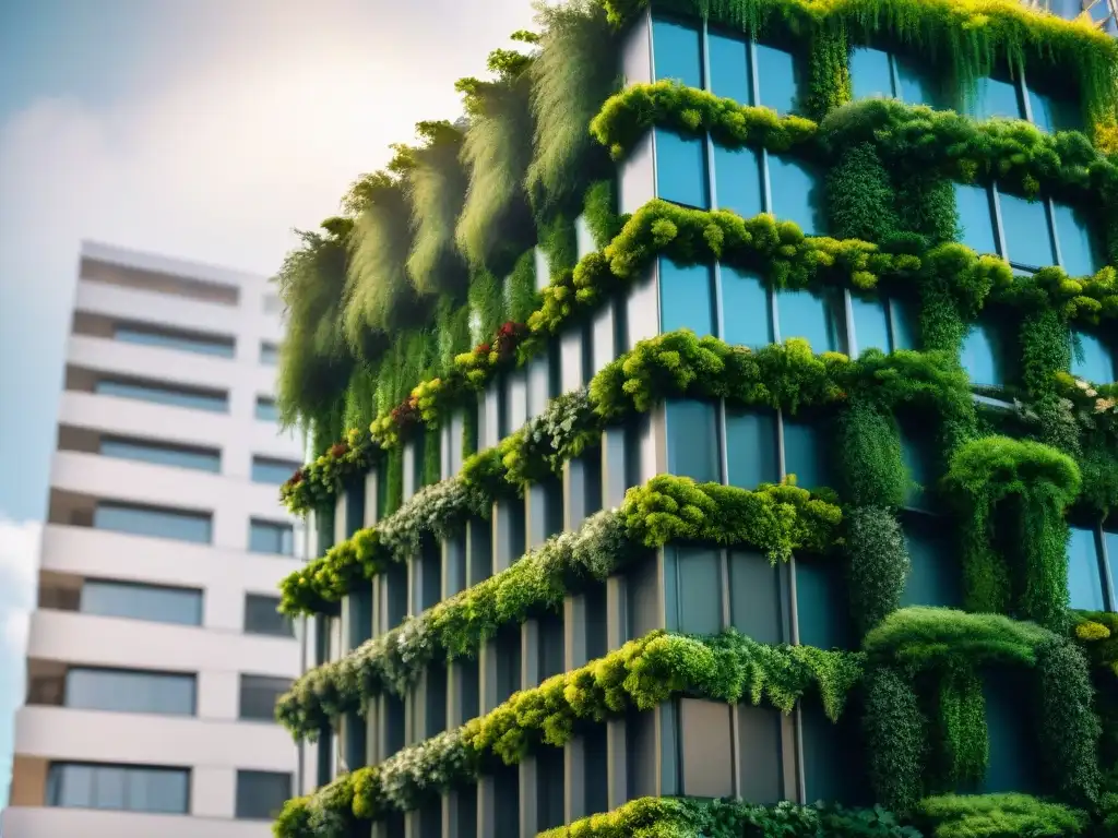 Edificio urbano cubierto de huertos verticales exuberantes, fusionando naturaleza y arquitectura urbana