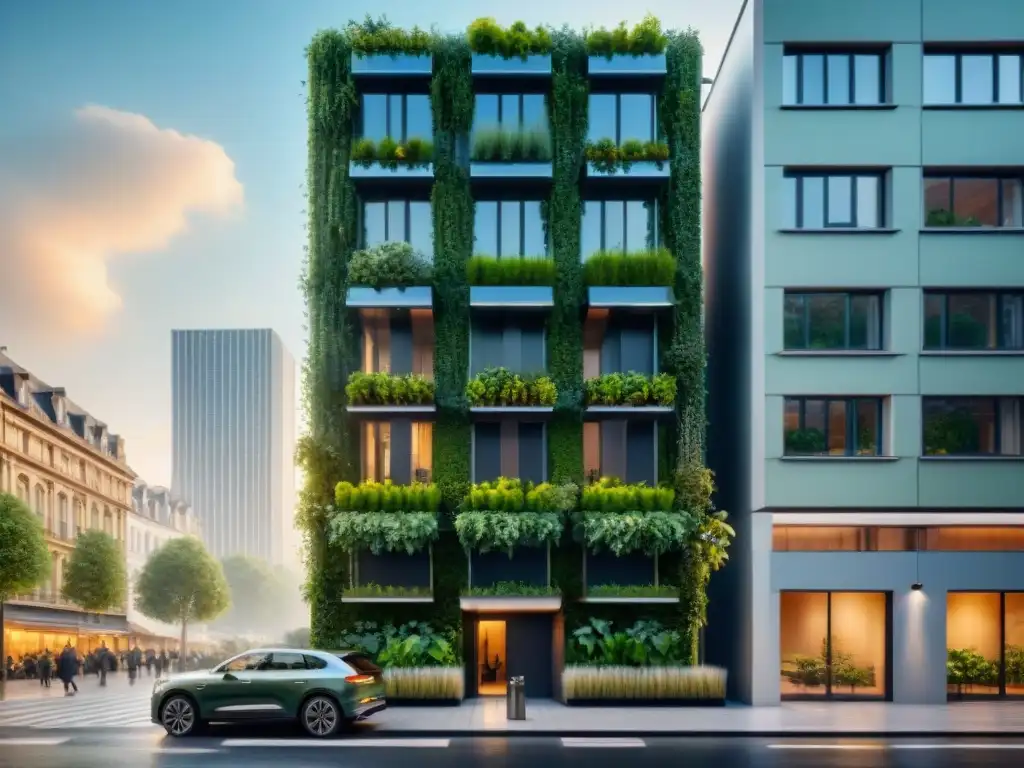 'Edificio urbano ecoamigable, con paneles solares, jardines verticales y estacionamiento de bicicletas