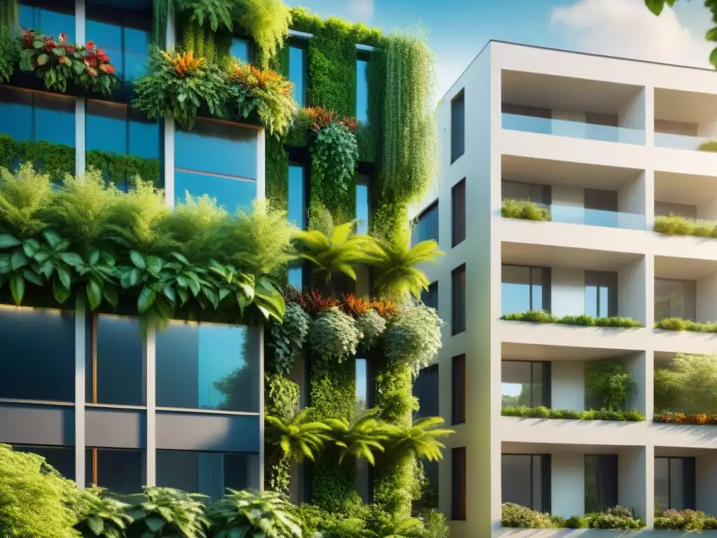 Un edificio urbano moderno con jardines verticales integrados en cada piso, destacando un riego eficiente en edificios sostenibles