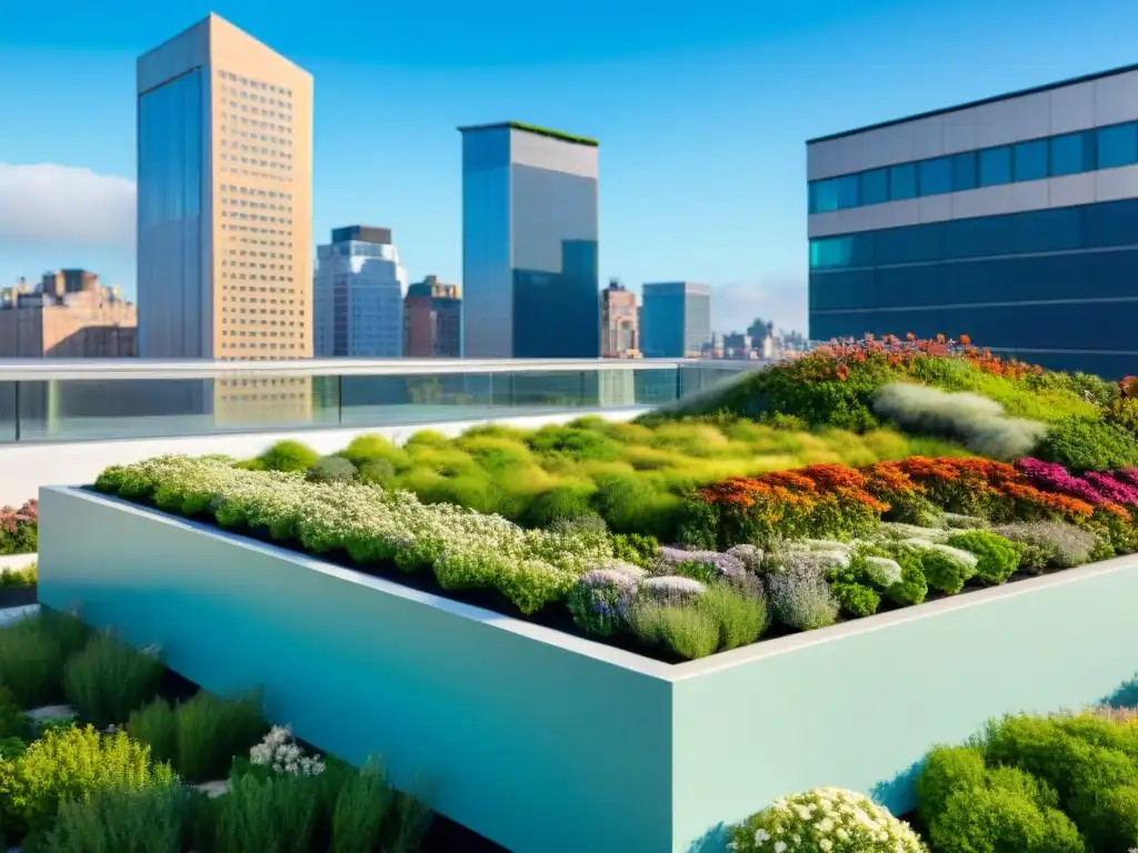 Un edificio urbano moderno con un jardín de techo verde lleno de plantas vibrantes