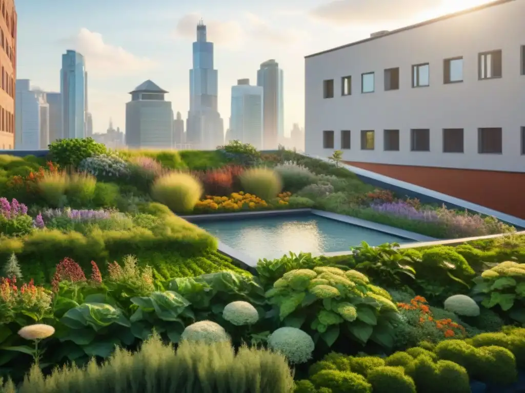 Edificio urbano con techo verde exuberante, lleno de plantas coloridas