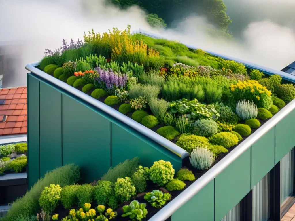 Edificio urbano con techo verde mostrando beneficios de techos verdes en edificios