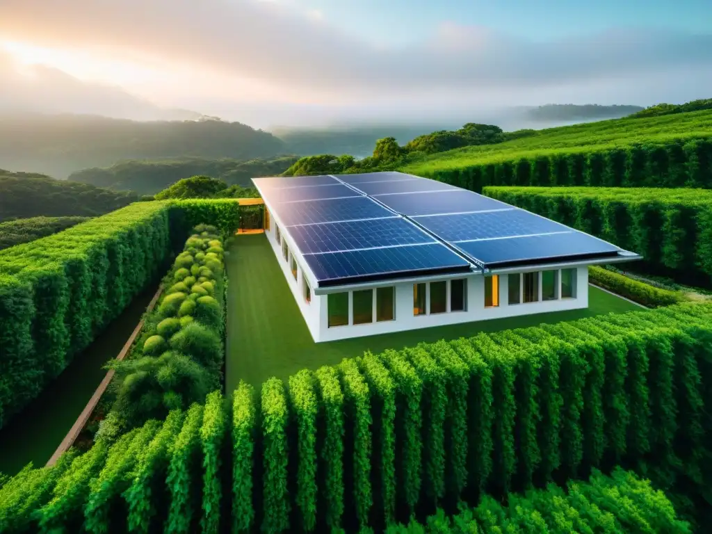 Un edificio verde certificado LEED destaca con paneles solares y diseño sostenible, rodeado de vegetación