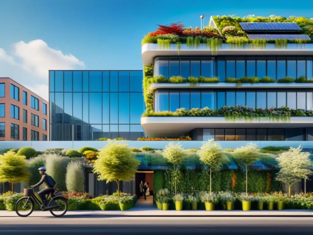 Edificio verde certificado con techo vegetal, paneles solares y jardín vertical, en ciudad sostenible