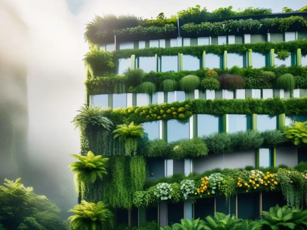 Un edificio verde certificado con jardín vertical, paneles solares y sistemas de recolección de agua de lluvia, rodeado de exuberante vegetación