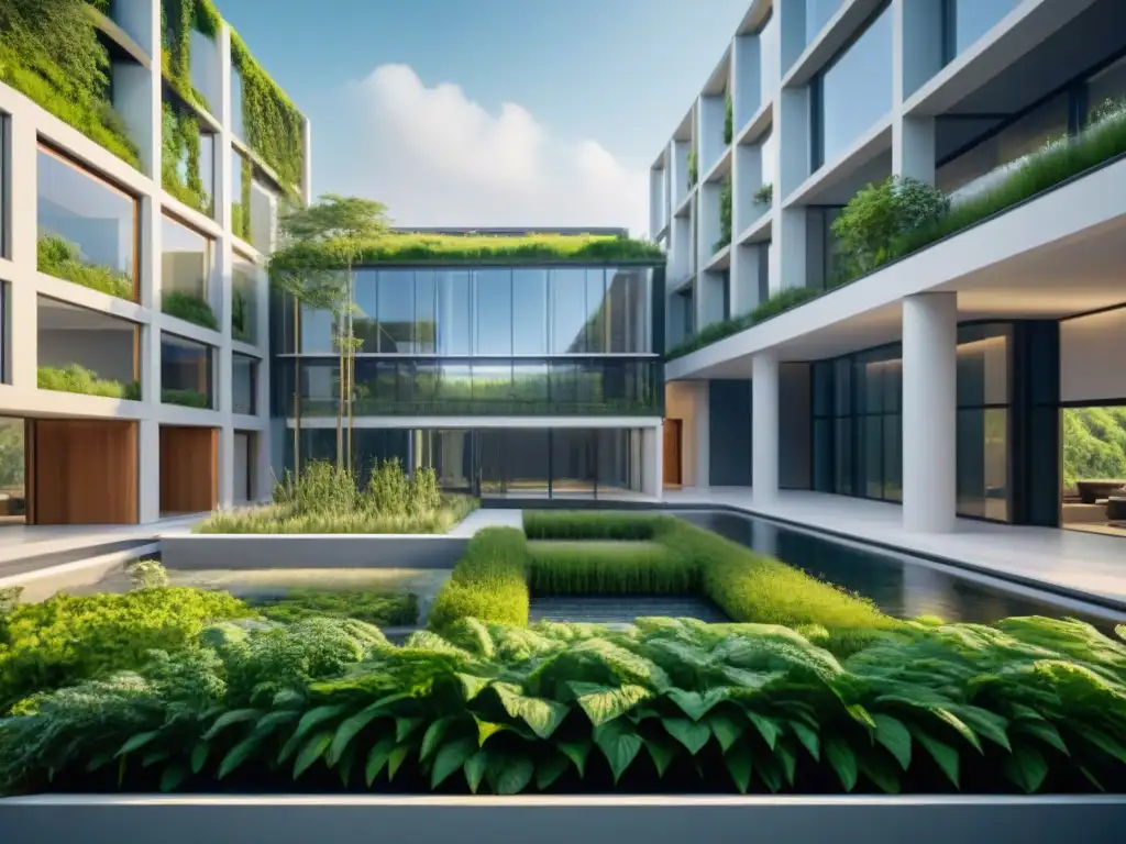 Un edificio verde futurista con sistemas avanzados de recolección y reutilización de agua integrados en su diseño, en armonía con la naturaleza urbana