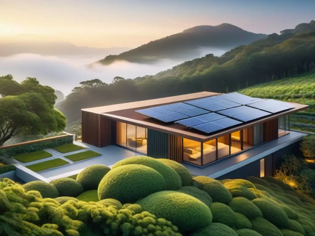 Edificio verde innovador con paneles solares y techos verdes, en armonía con la naturaleza al atardecer