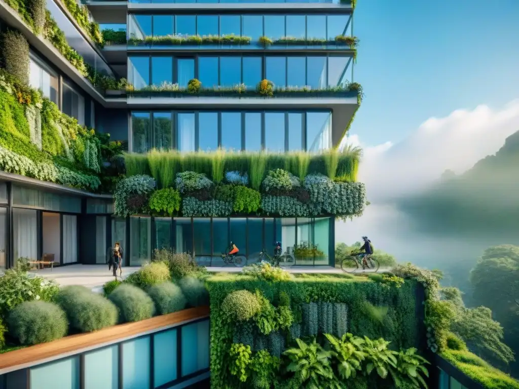 Un edificio verde moderno, con paneles solares y jardín vertical