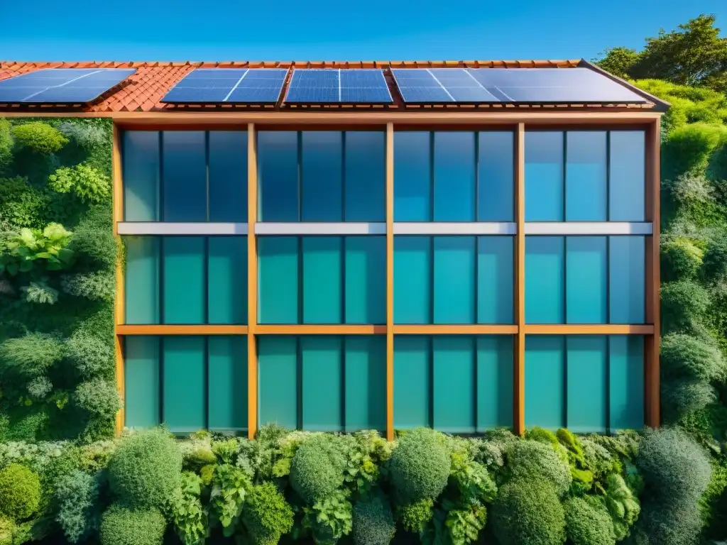 Edificio verde con paneles solares, vegetación exuberante y cielo azul