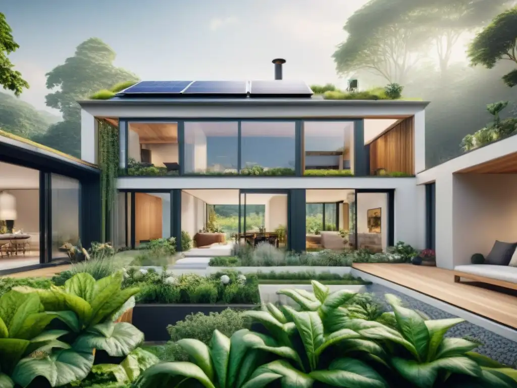 Un edificio verde sostenible del futuro con paneles solares, naturaleza y comunidad