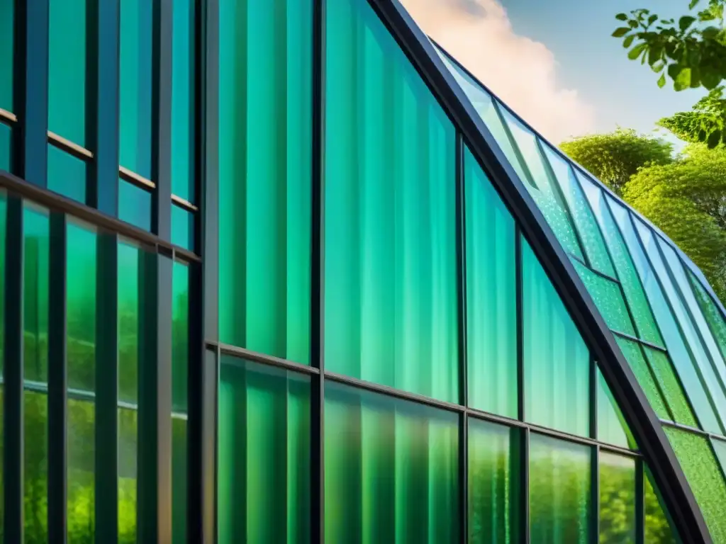 Un edificio de vidrio reciclado para arquitectura sostenible, reflejando la naturaleza verde circundante y la elegancia sostenible