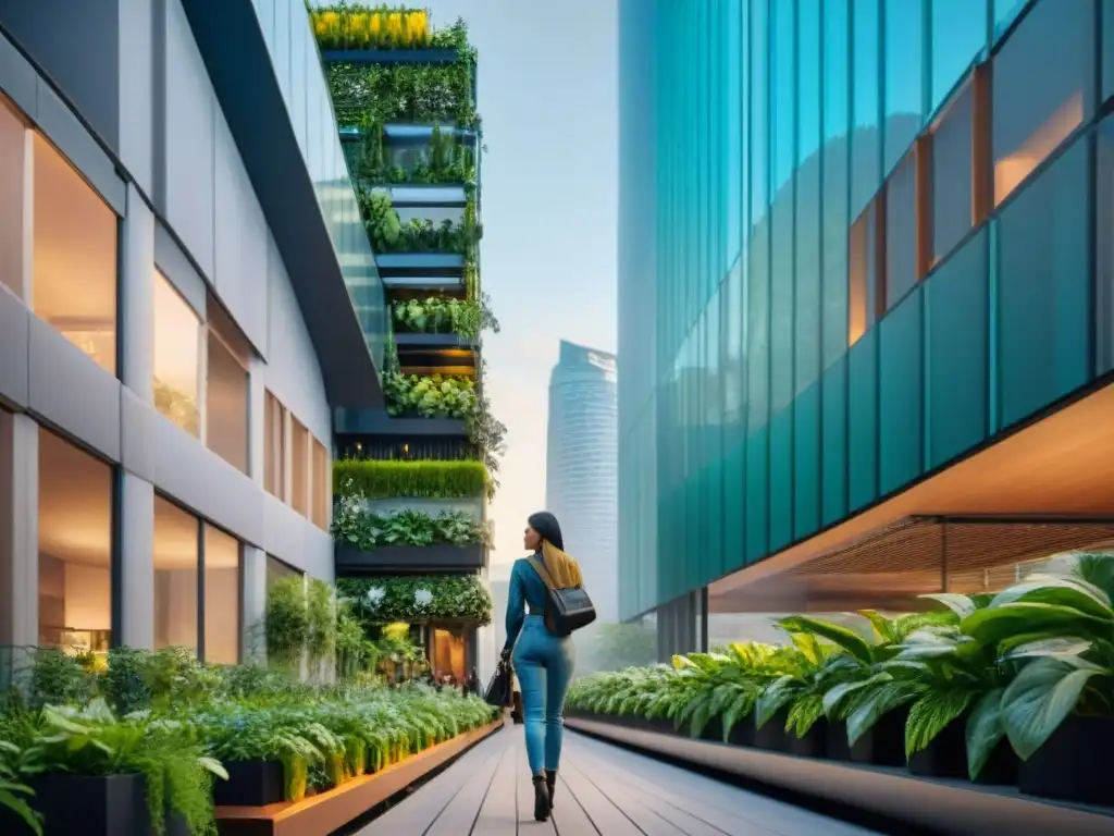 Edificios energéticamente eficientes en ciudades: Calle urbana con rascacielos modernos cubiertos de vegetación, fusionando naturaleza y arquitectura