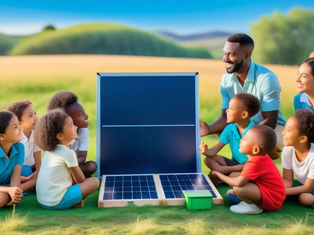 Un educador enseña sobre energía solar a un grupo diverso de niños en un campo