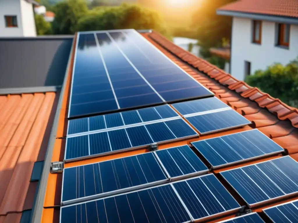 Eficiencia energética en arquitectura sustentable: Detalle de paneles solares brillando en el techo de una moderna casa