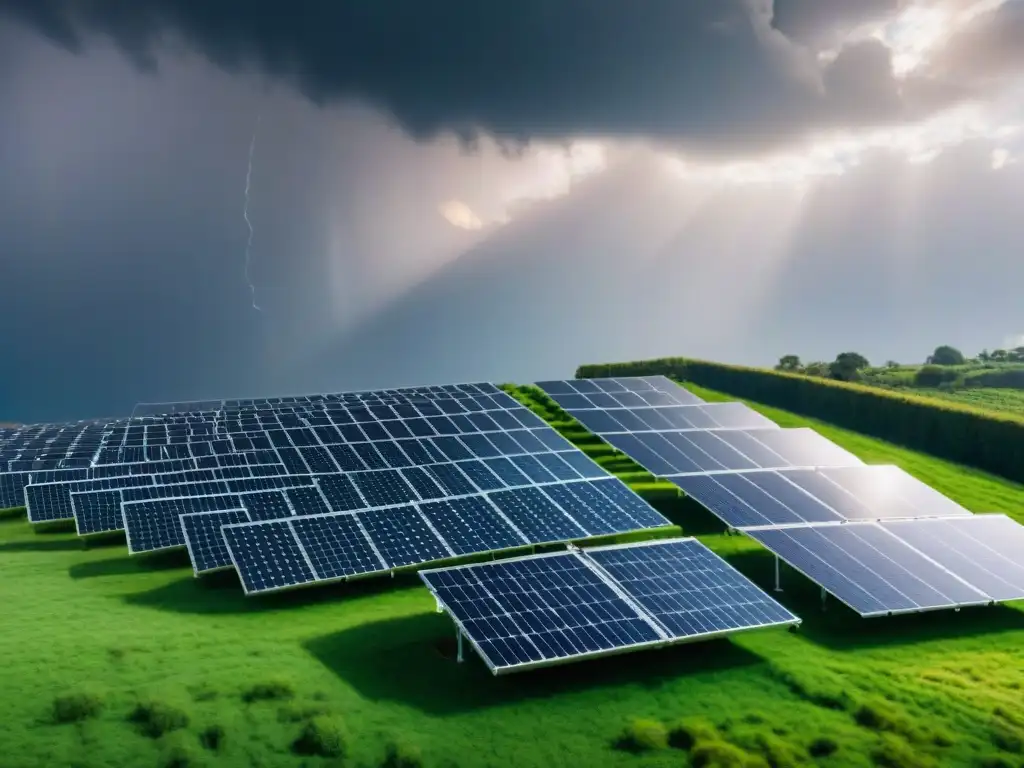 Eficiencia de paneles solares en días nublados: paneles capturando la luz entre nubes de lluvia