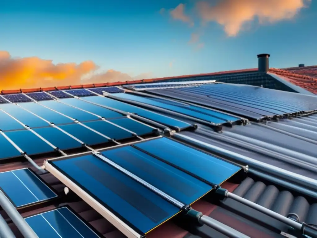 Eficiencia y sostenibilidad: sistema de calentamiento solar de agua en un tejado residencial, reflejando la luz del sol