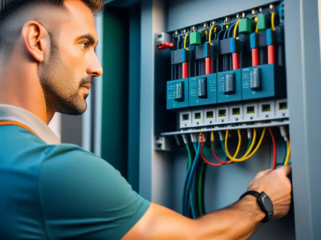 Un electricista profesional instalando tecnología para hogares inteligentes con precisión y destreza