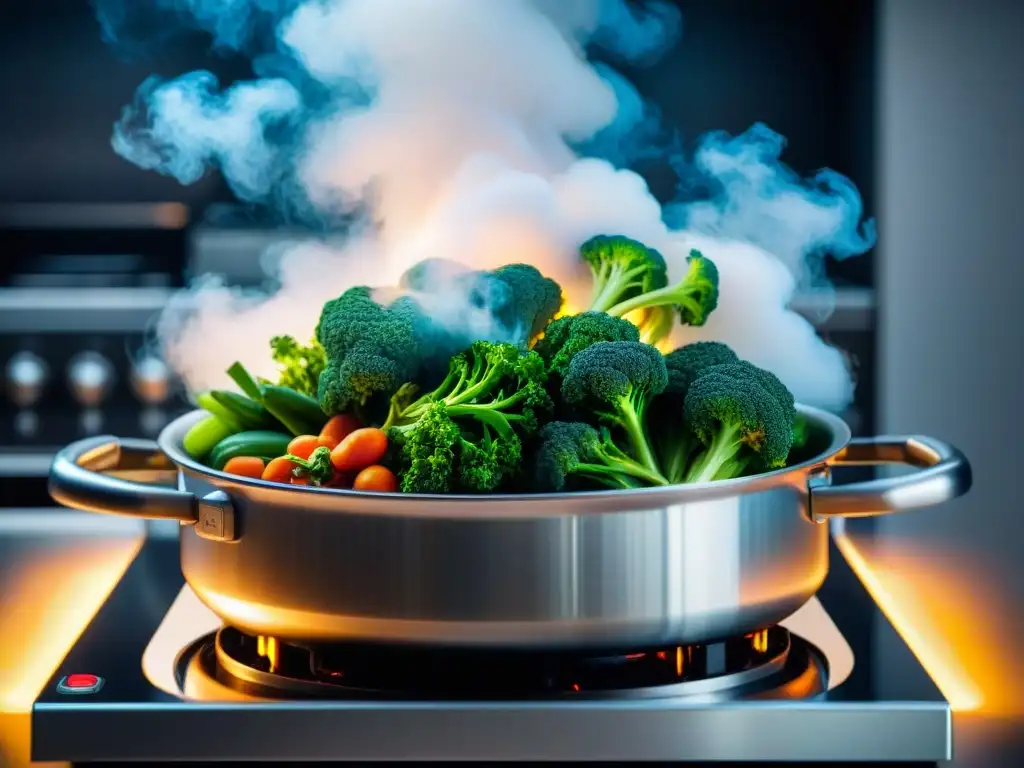 Electrodoméstico eco amigable cocina: Detalle de vapor en olla de verduras cocinándose