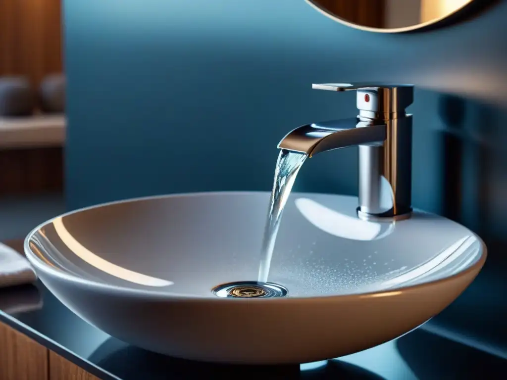 Un elegante lavamanos moderno con gotas de agua cayendo lentamente por el grifo cromado, reflejando la luz ambiental en un baño