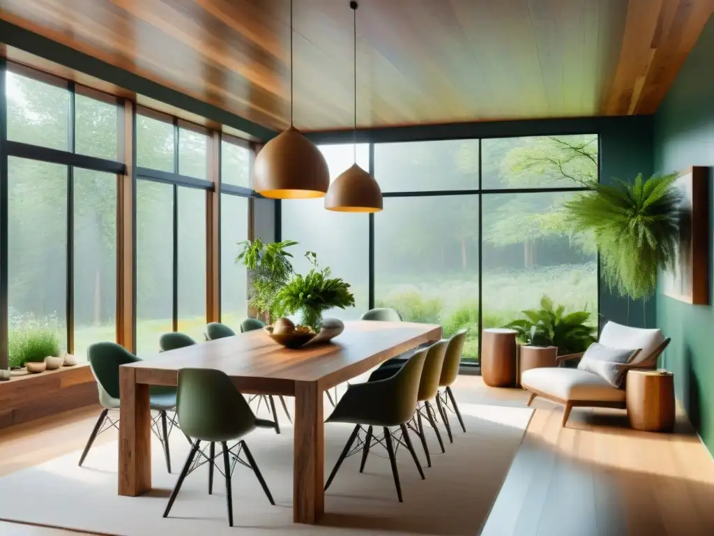 Un elegante salón con mesa de comedor de madera recuperada, sillas modernas y plantas verdes, ideal para un hogar sostenible