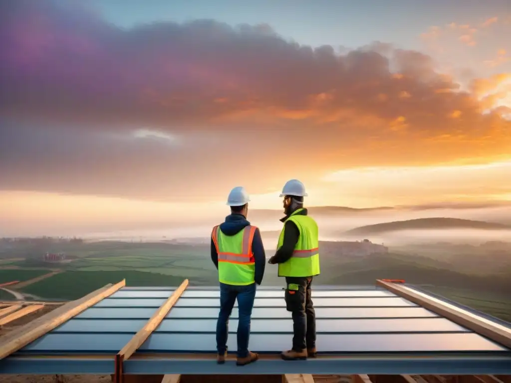 Un emocionante escenario de construcción sostenible educando constructores en armonía al atardecer