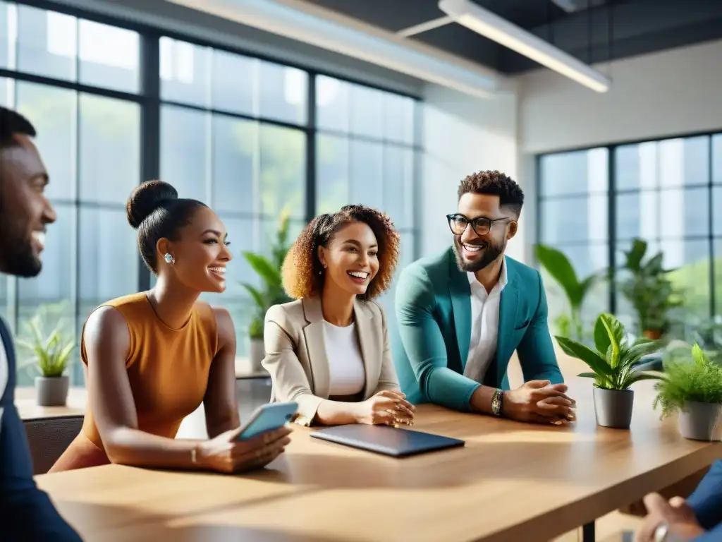 Emprendedores exitosos colaborando en un espacio de oficina sostenible, rodeados de plantas, tecnología ecofriendly y mucha creatividad