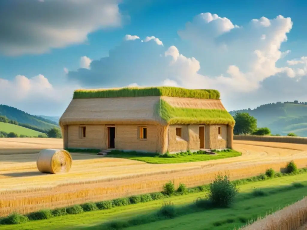 Casa ecológica de paja: detalle y armonía natural Encantadora casa ecoamigable con muros de paja, aislamiento natural, en paisaje verde bajo cielo azul