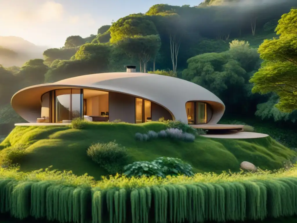 Encantadora casa de tierra en paisaje verde, bioconstrucción estética