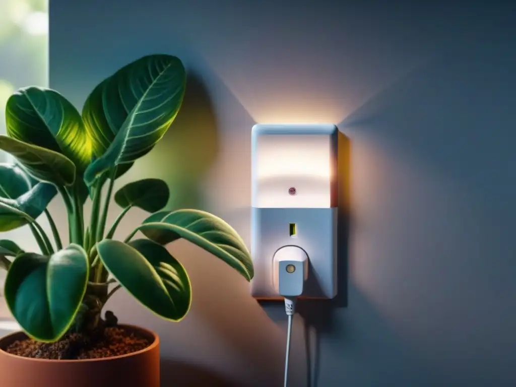 Un enchufe inteligente siendo insertado en un hogar sostenible, iluminando la habitación con tecnología y ecología