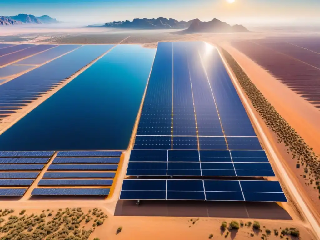 Inversión en energía limpia sostenible: Un paisaje desértico con un extenso campo solar brillante bajo el sol