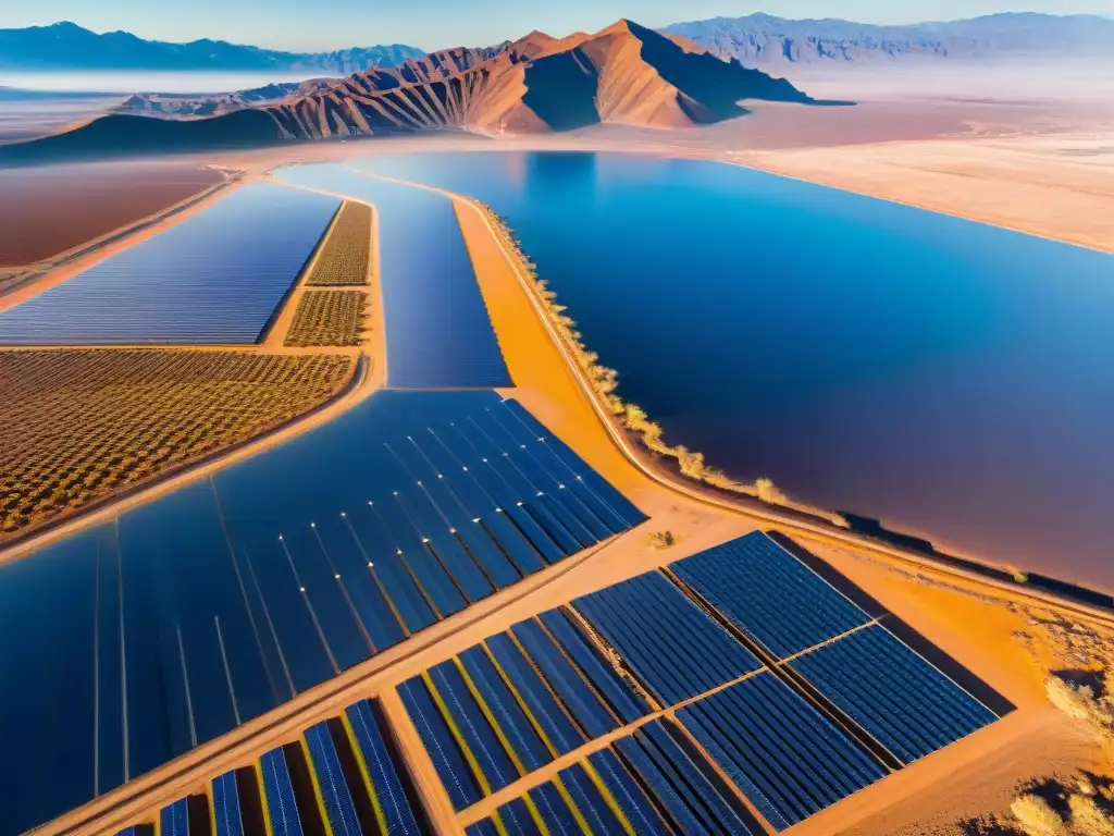 Inversión en energía renovable sostenible: Un extenso campo solar en el desierto, con paneles brillantes bajo el sol y una cadena montañosa al fondo