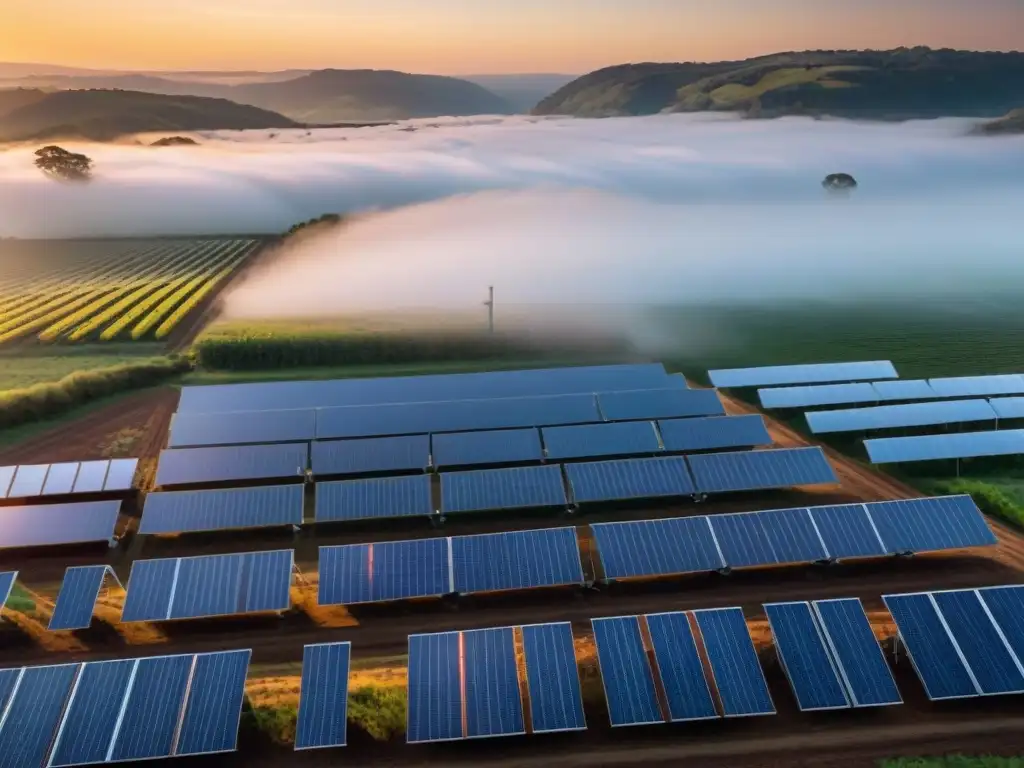 Inversión en energía renovable sostenible: Ingenieros inspeccionando paneles solares al atardecer