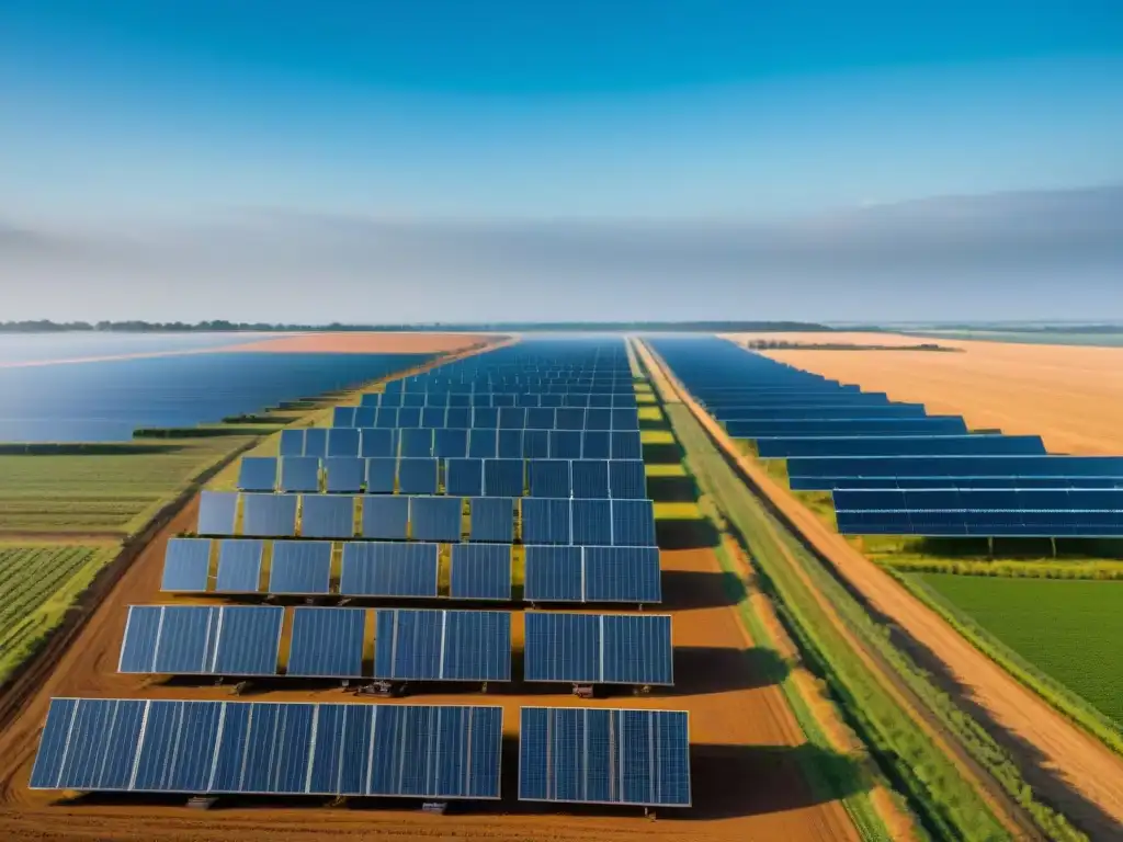 Implementación de energía solar sostenible en granja solar con paneles brillantes y trabajadores instalando nuevos paneles bajo cielo azul claro