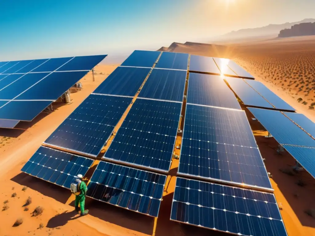 Implementación de energía solar sostenible: Técnico inspeccionando paneles solares en un desierto soleado y vasto