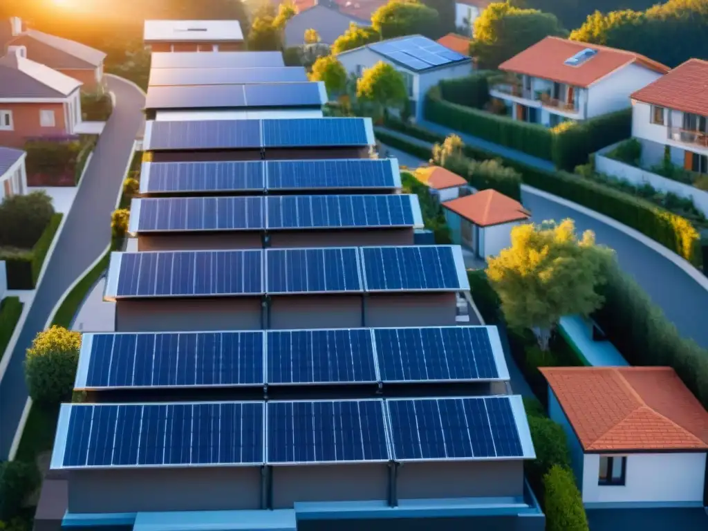 Implementación de energía solar sostenible en un tejado residencial, con paneles solares perfectamente alineados bajo la cálida luz del sol