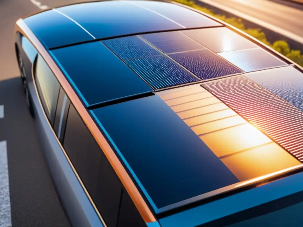 Energía solar en transporte personal: Detalle de panel solar futurista integrado en auto eléctrico