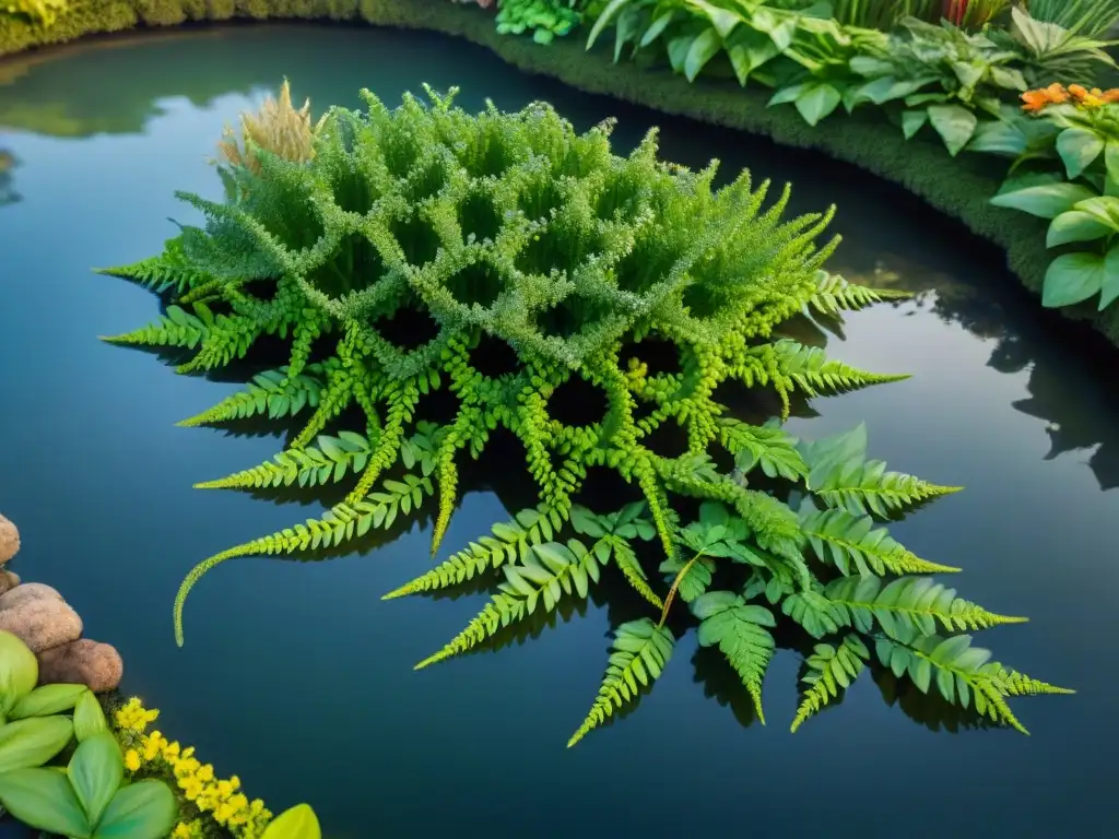 Un enredado y armonioso tapiz de raíces de plantas acuáticas en un estanque sostenible para jardín, creando un ecosistema vibrante