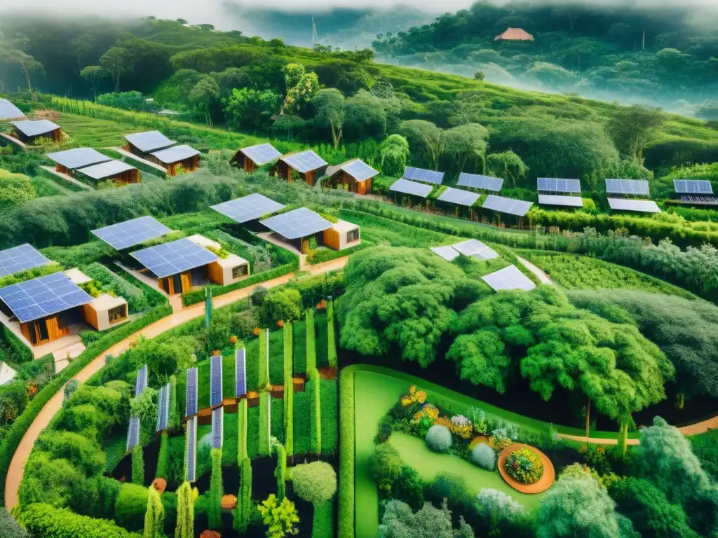 Ecoaldea sostenible: arquitectura verde en armonía con la naturaleza Un equilibrio perfecto entre diseño ecoamigable en una ecovilla sostenible rodeada de vegetación exuberante