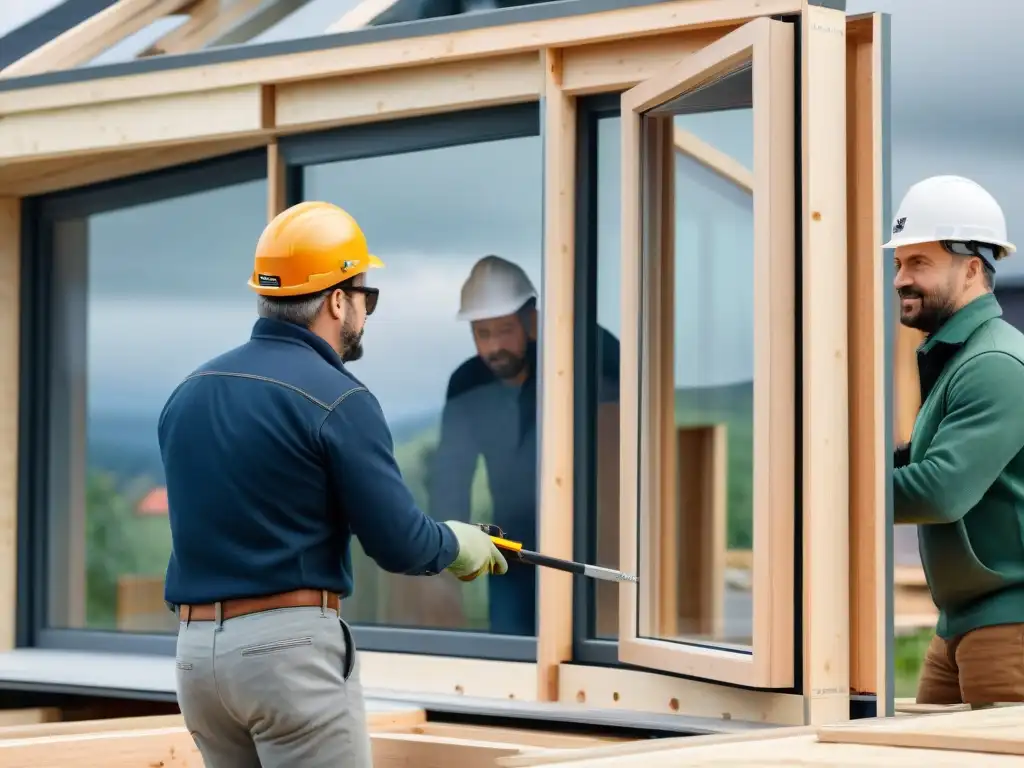 Equipo de arquitectos y constructores instalando ventanas de triple vidrio en casa pasiva, destacando precisión y tecnología sostenible