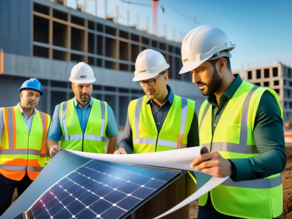 Equipo de arquitectos y ingenieros revisando materiales de construcción sostenibles en obra