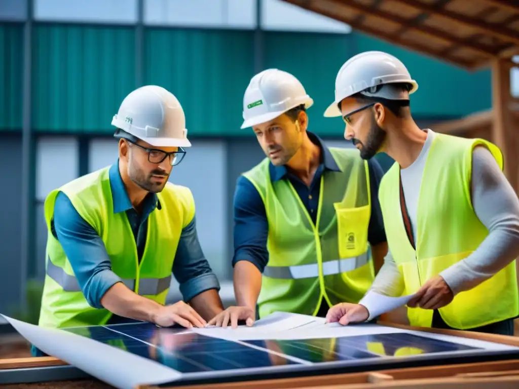 Equipo de arquitectos y ingenieros discuten planos y materiales sostenibles en obra verde con sistemas de energía solar y captación de agua de lluvia