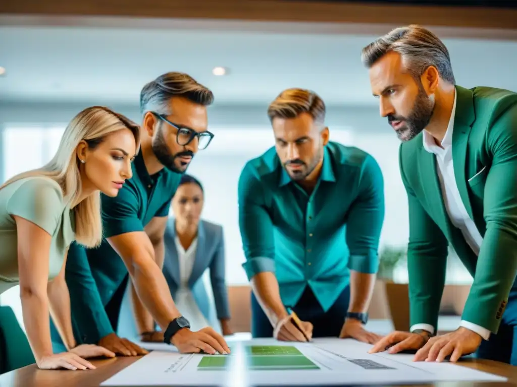 Equipo de arquitectos y ingenieros revisando planos con determinación en sala llena de modelos de diseño sostenible