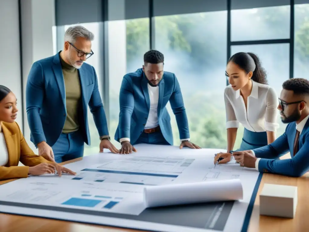 Equipo de arquitectos y ingenieros colaborando en proyecto de arquitectura sostenible con Subvenciones internacionales arquitectura sostenible